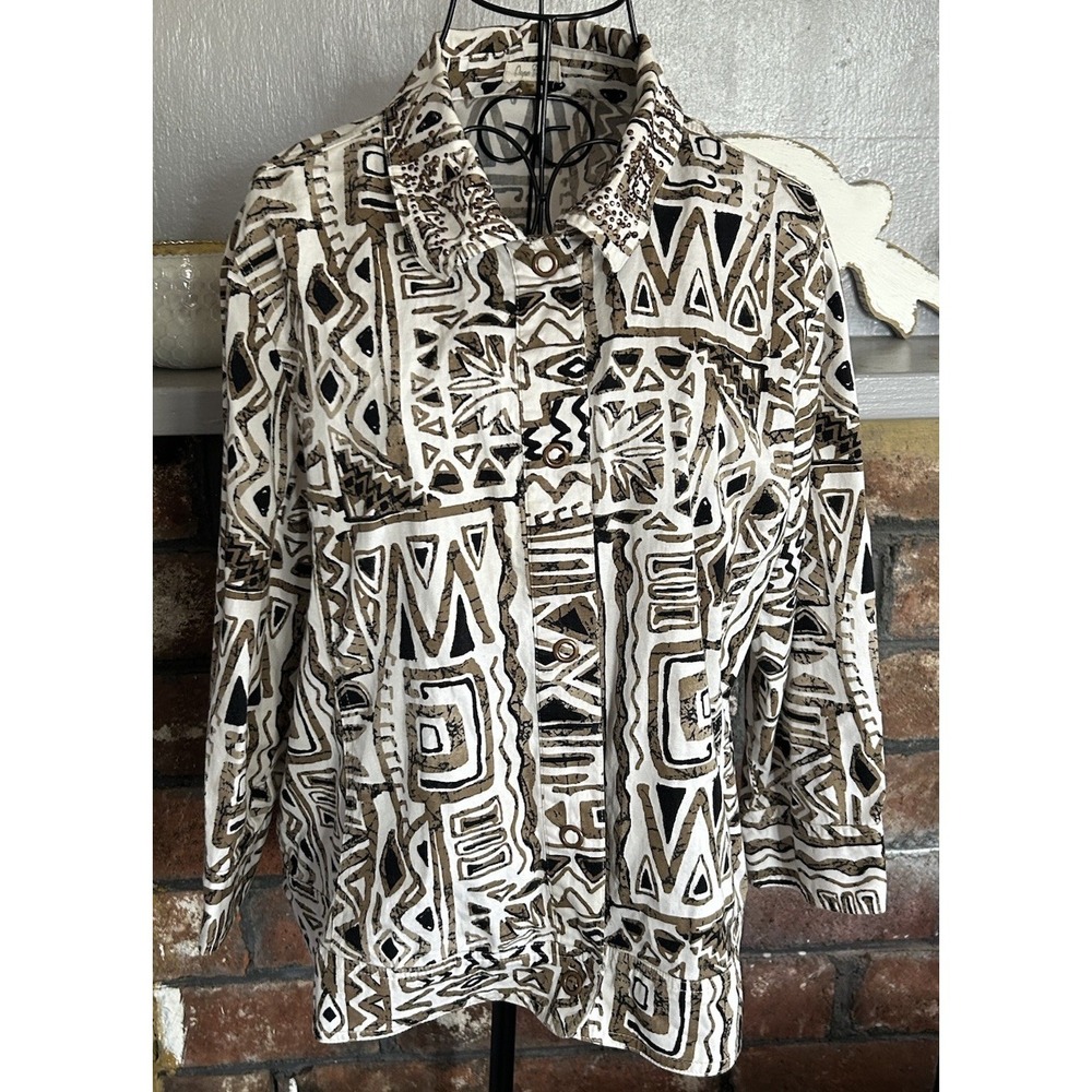 Women's Long Sleeve Brown White Tribal Snap Studded Collar Blouse Size XL Y2K